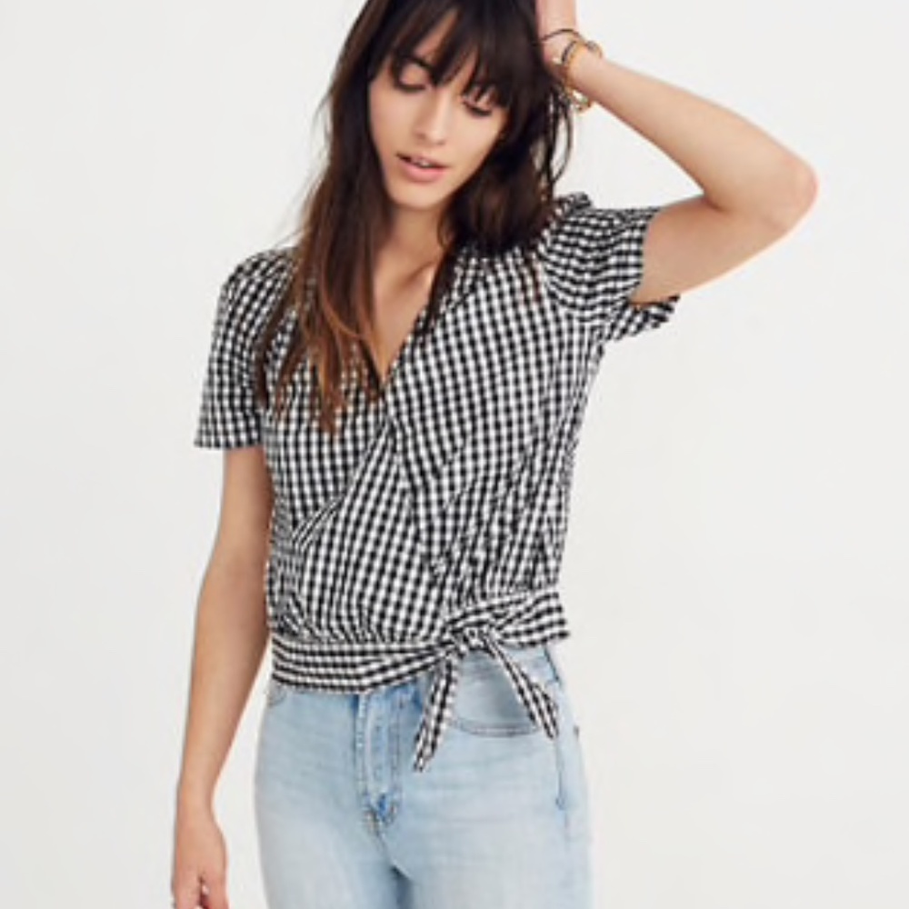 Madewelll Short-Sleeve Wrap Top in Gingham Check